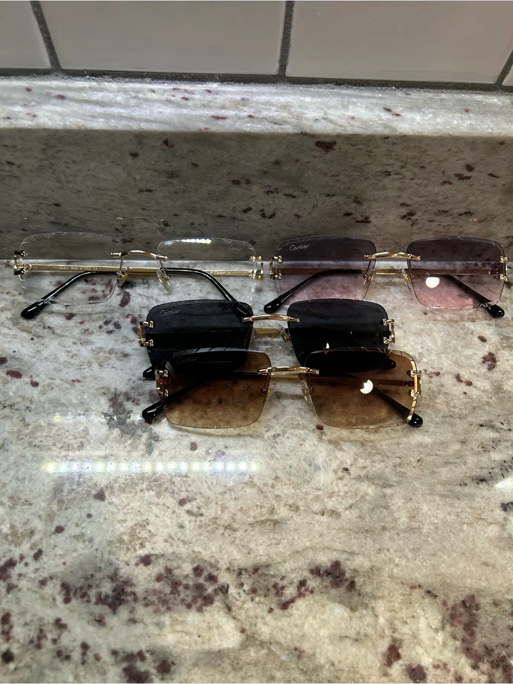 Rimless Sunglasses Set with Gold Frames and Brown, Black, Pink Lenses